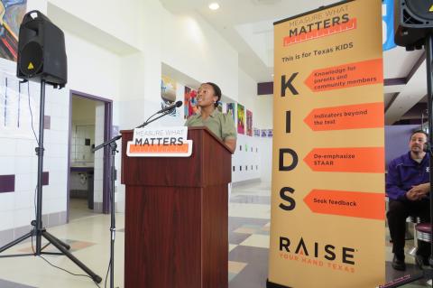 Ralyssa Enueshike describes her qualms about STAAR testing during a press conference with Raise Your Hand Texas in Elgin Feb. 17. Photo by Fernando Castro