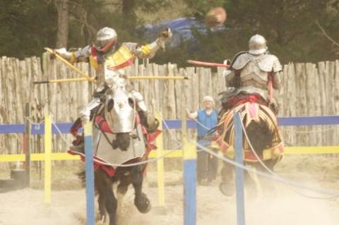 Lances shatter and fly into the air as the jousters of Knights of the Grail perform at the Sherwood Forest Faire in Paige March 5, 2022. Photo by Juilanne Hodges