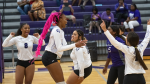 The Elgin High School varsity volleyball team celebrates together on Aug. 25 during a home match against Round Rock Meridian World School. Photo by Marcial Guajardo